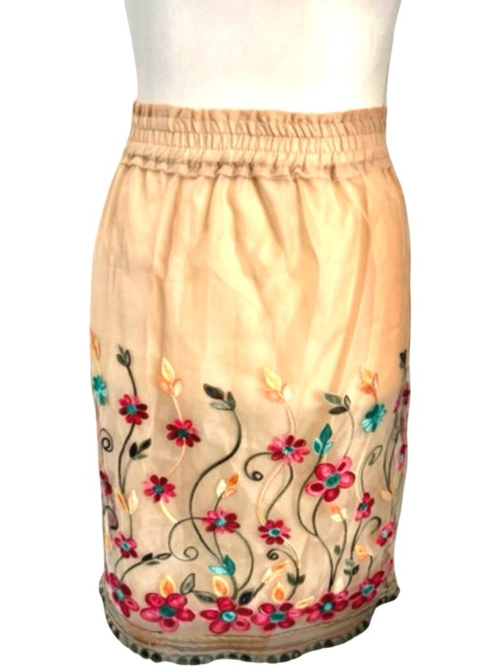 august silk Beige Mini Skirt with Multicolor Floral Embroidery
